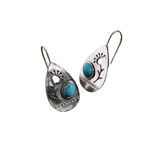 Boho Silver Teardrop Cut Metal Flower Drop Earrings - Picture 5 of 5